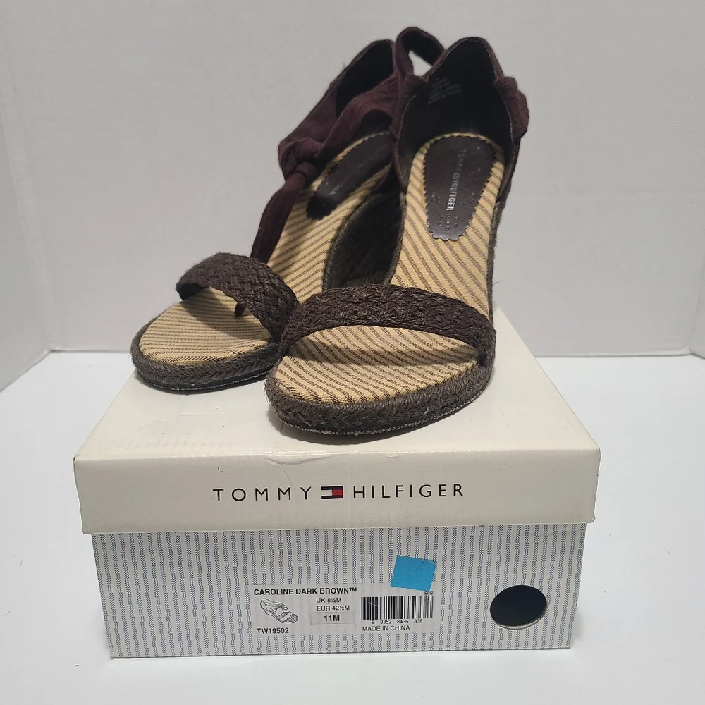 Tommy Hilfiger Open Toe Ankle Tie Wrap Brown  Wedge‎ Sandal Womens Size 11